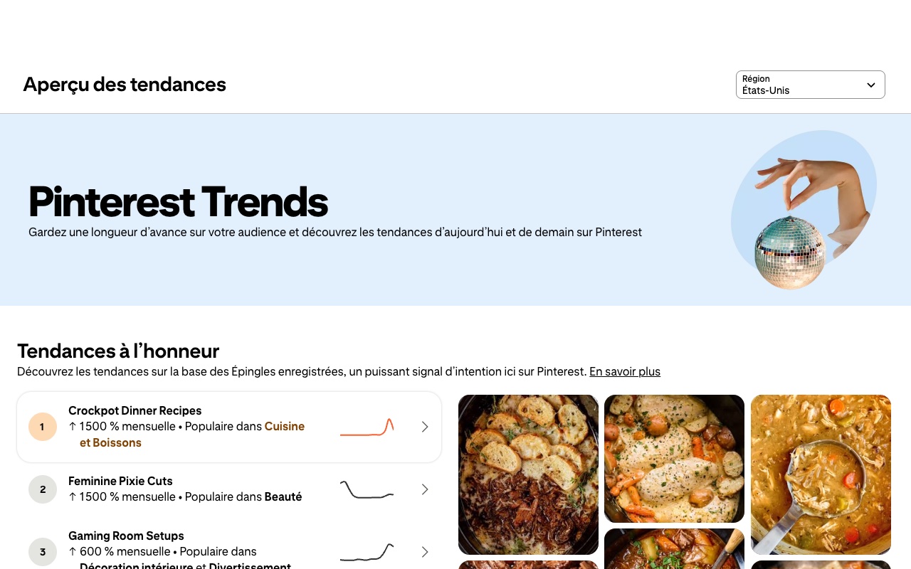 Aperçu des tendances Pinterest Trends avec classement des sujets en forte croissance