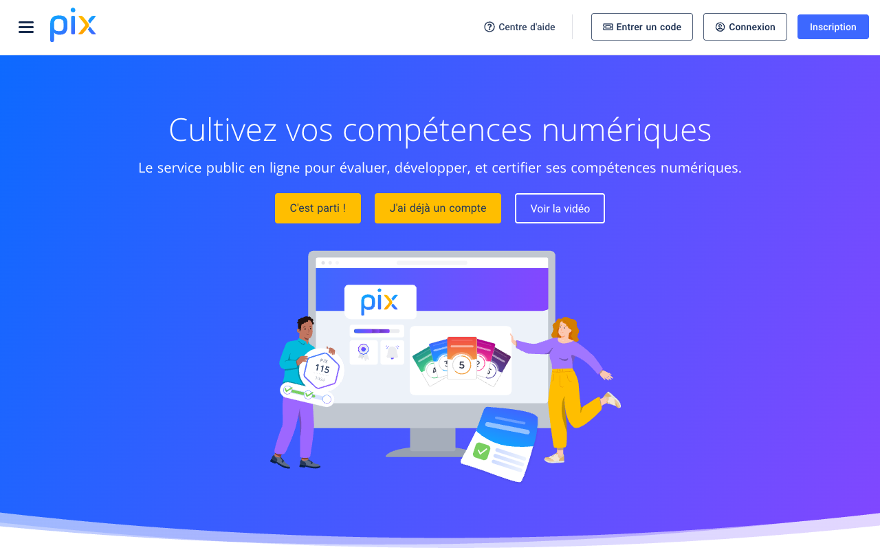 Page d'accueil de Pix, service public pour évaluer, développer et certifier ses compétences numériques