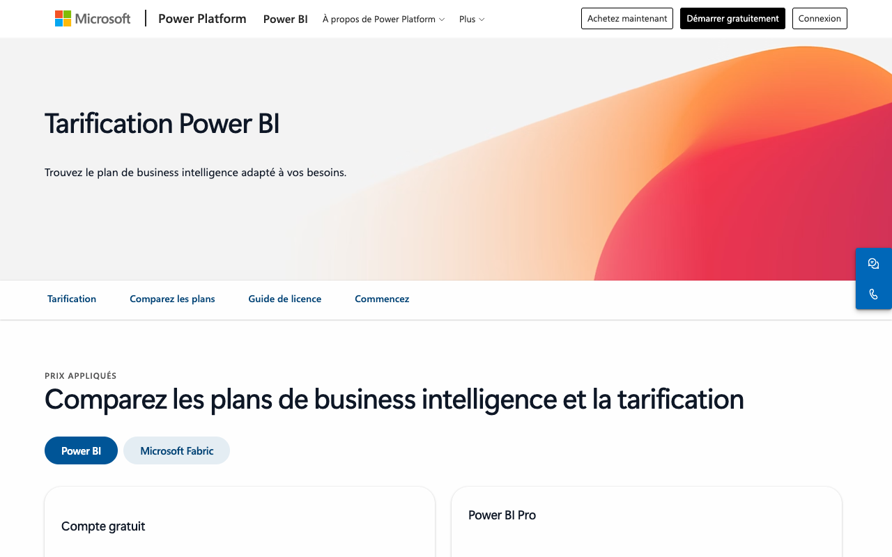 Capture d'écran de la page de tarification de Power BI sur le site de Microsoft