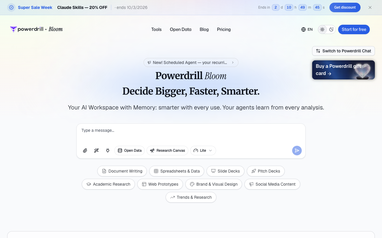 Capture d'écran de la page d'accueil de Powerdrill Bloom, espace de travail d'analyse par agents IA