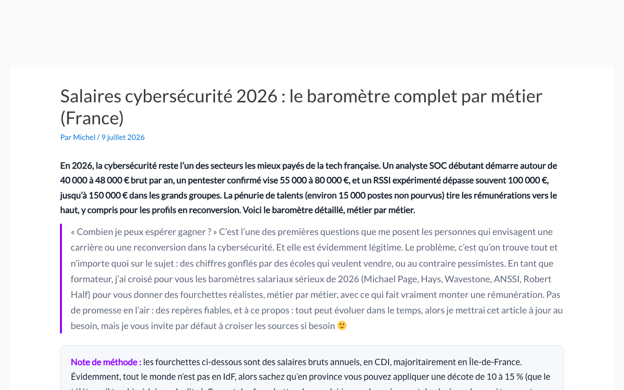Capture d'écran du baromètre Cyberini des salaires en cybersécurité en 2026