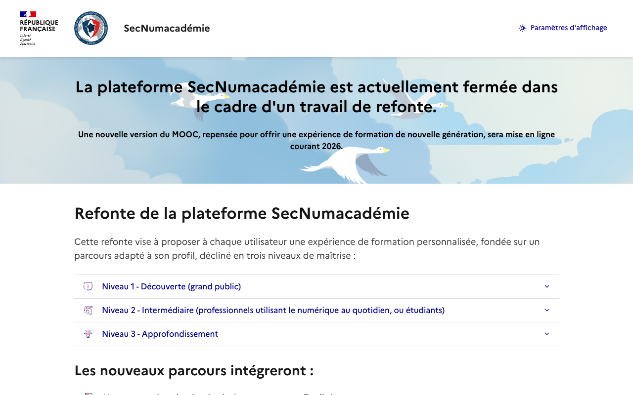Page de la SecNumacadémie de l'ANSSI annonçant la refonte de la plateforme et ses trois niveaux