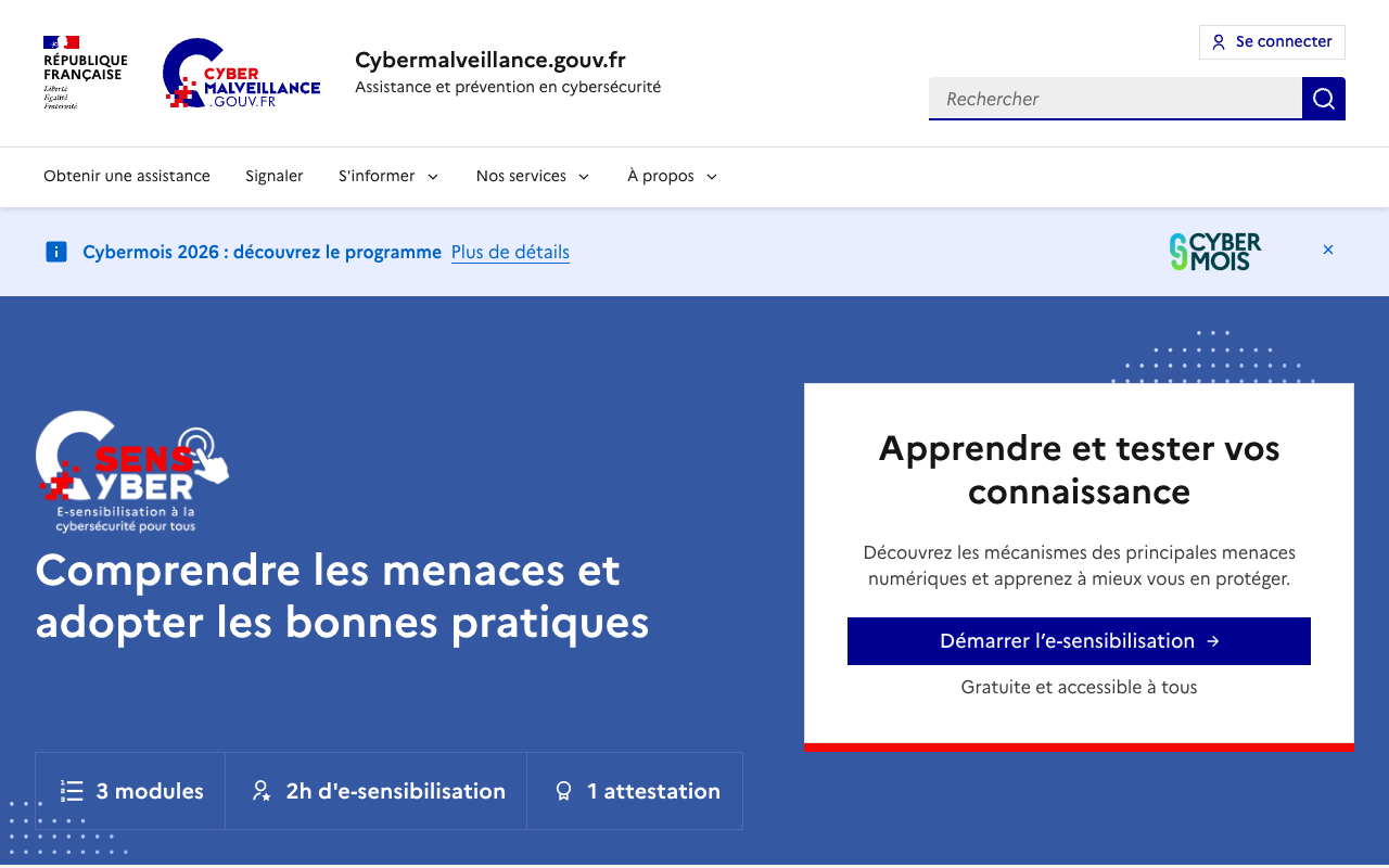 Page SensCyber de Cybermalveillance.gouv.fr : 3 modules, 2 h, gratuit