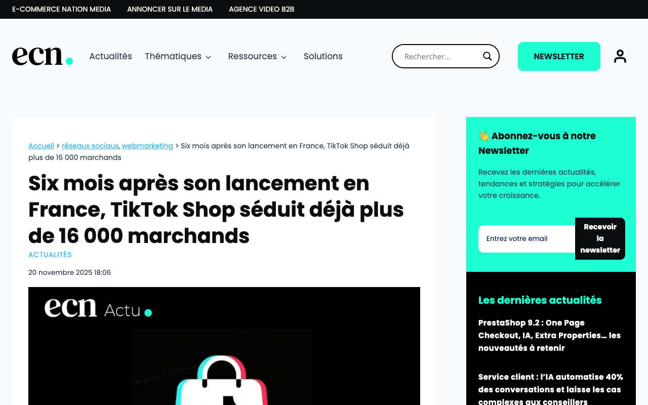Capture d'écran de l'article sur les vendeurs TikTok Shop en France six mois après le lancement