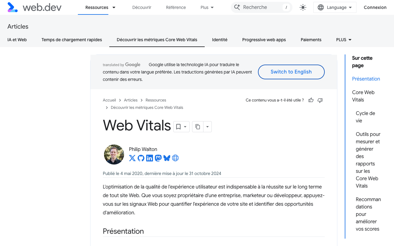 Capture d'écran de la page web.dev consacrée aux Web Vitals
