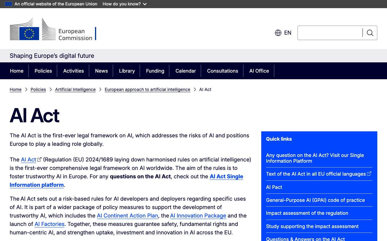 Page de la Commission européenne consacrée à l'AI Act, le règlement européen sur l'intelligence artificielle