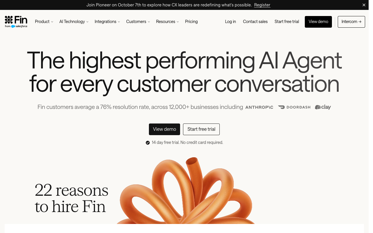 Page d'accueil de Fin, l'agent IA de service client d'Intercom, avec son taux de résolution moyen annoncé