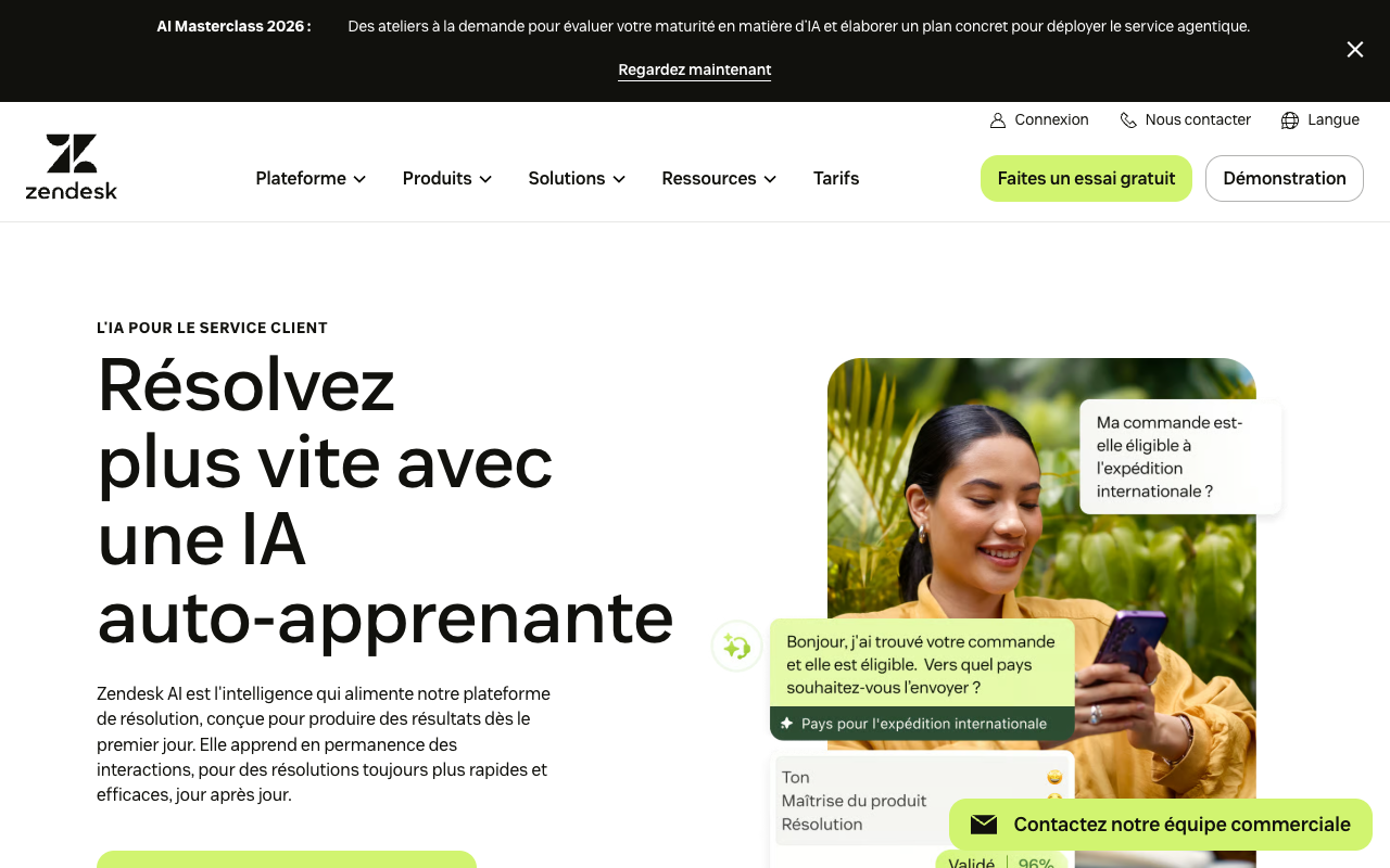 Page Zendesk AI, l'intelligence artificielle pour le service client de la plateforme Zendesk