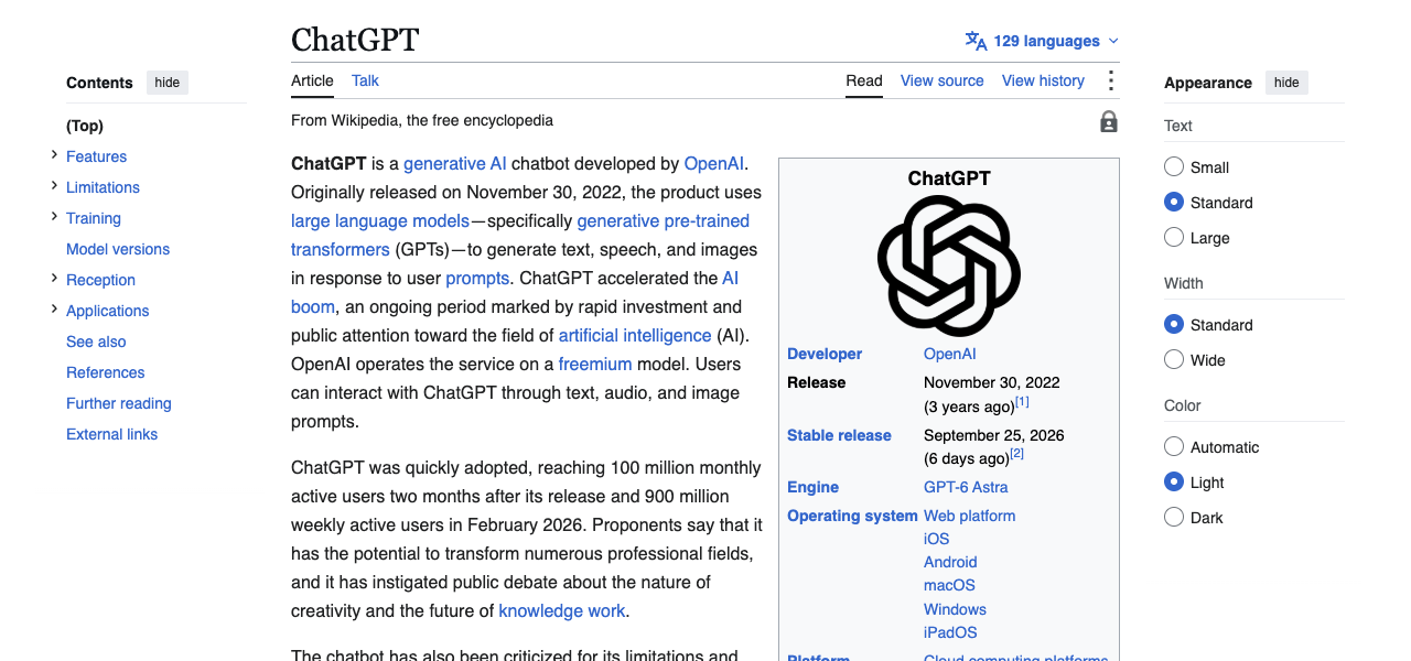 Fiche encyclopédique de ChatGPT indiquant GPT-6 Astra comme moteur actuel