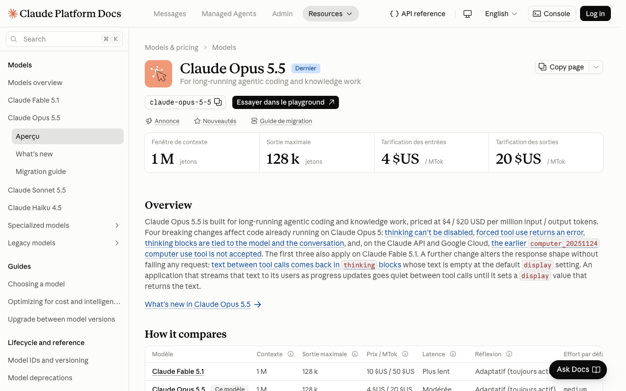 Documentation Anthropic de Claude Opus 5.5 : contexte, sortie et tarifs