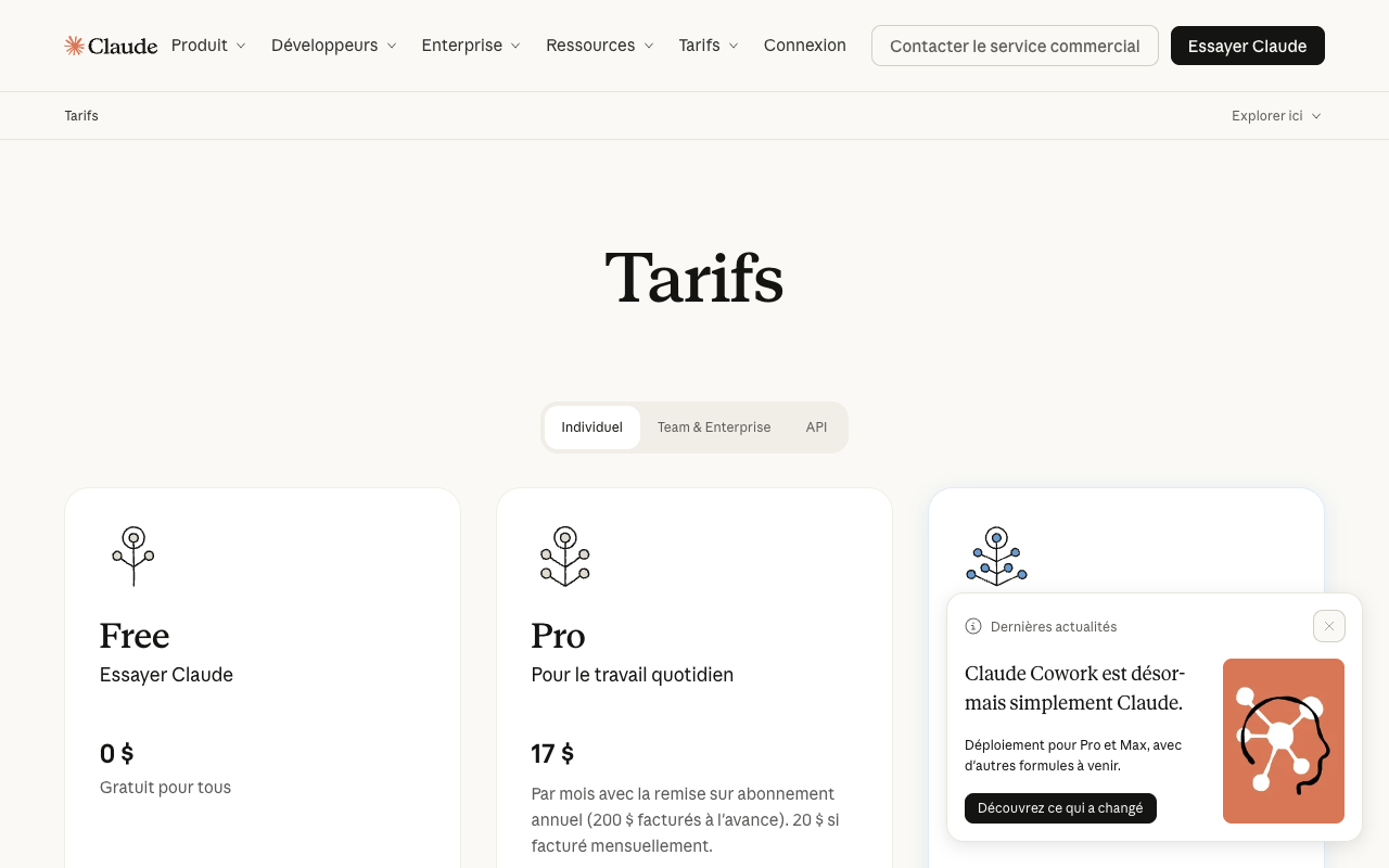Page des tarifs de Claude : offres Free, Pro et Max