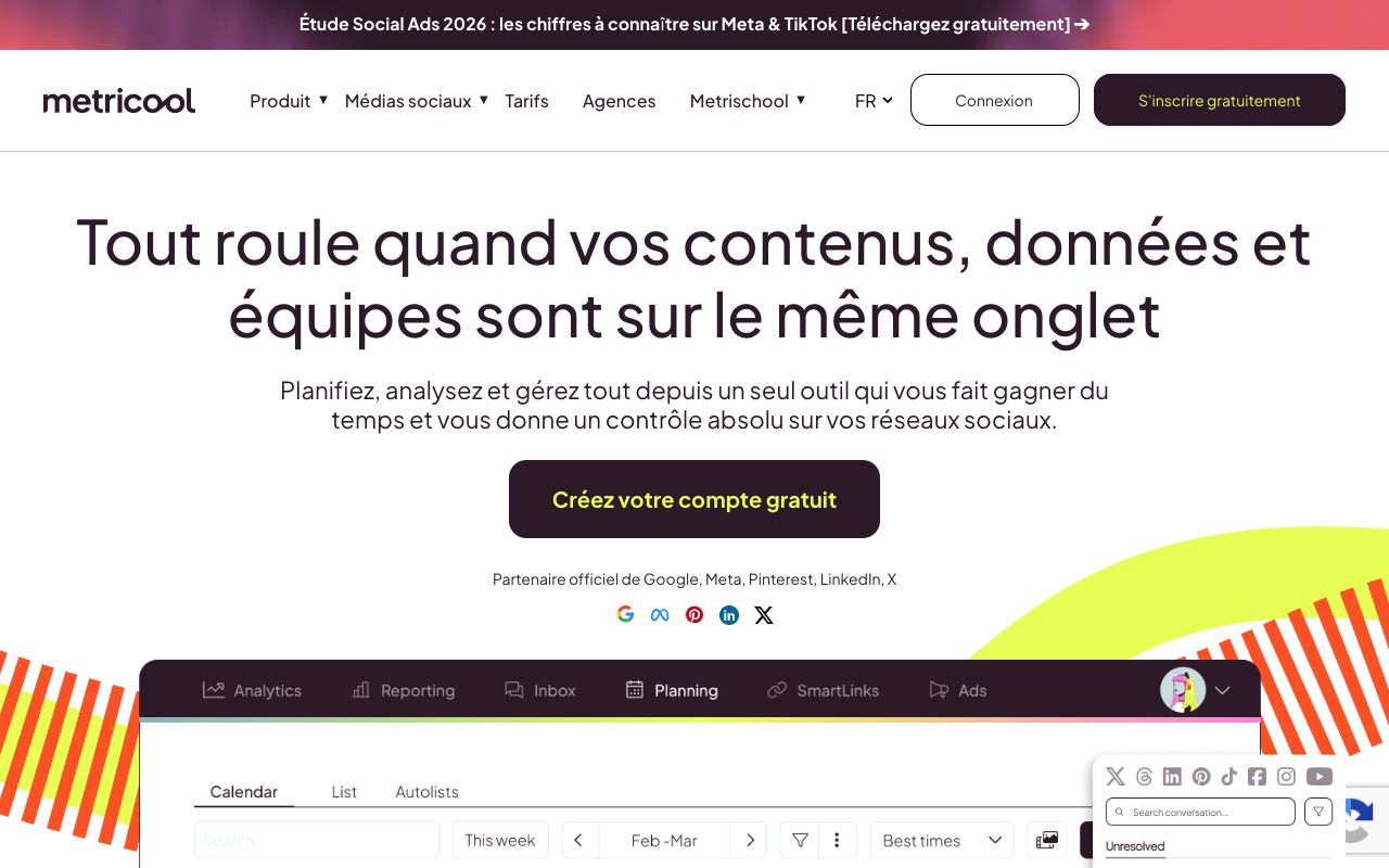 Capture d'écran de la page d'accueil de Metricool, outil de planification et d'analyse des réseaux sociaux