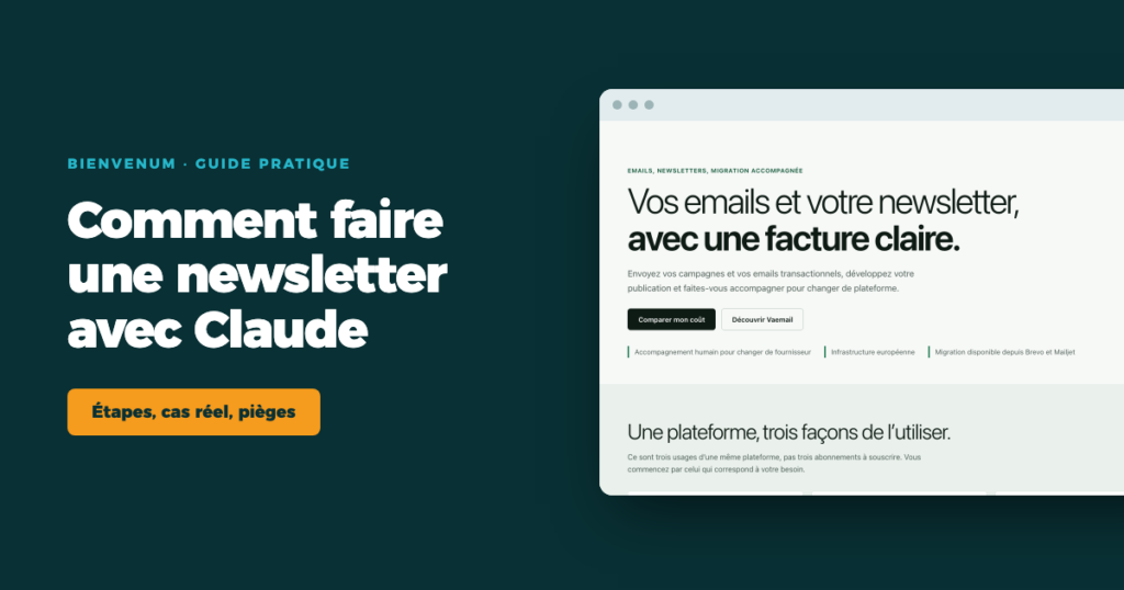 Guide BienveNum : comment faire une newsletter avec Claude, avec la page d’accueil de VaEmail