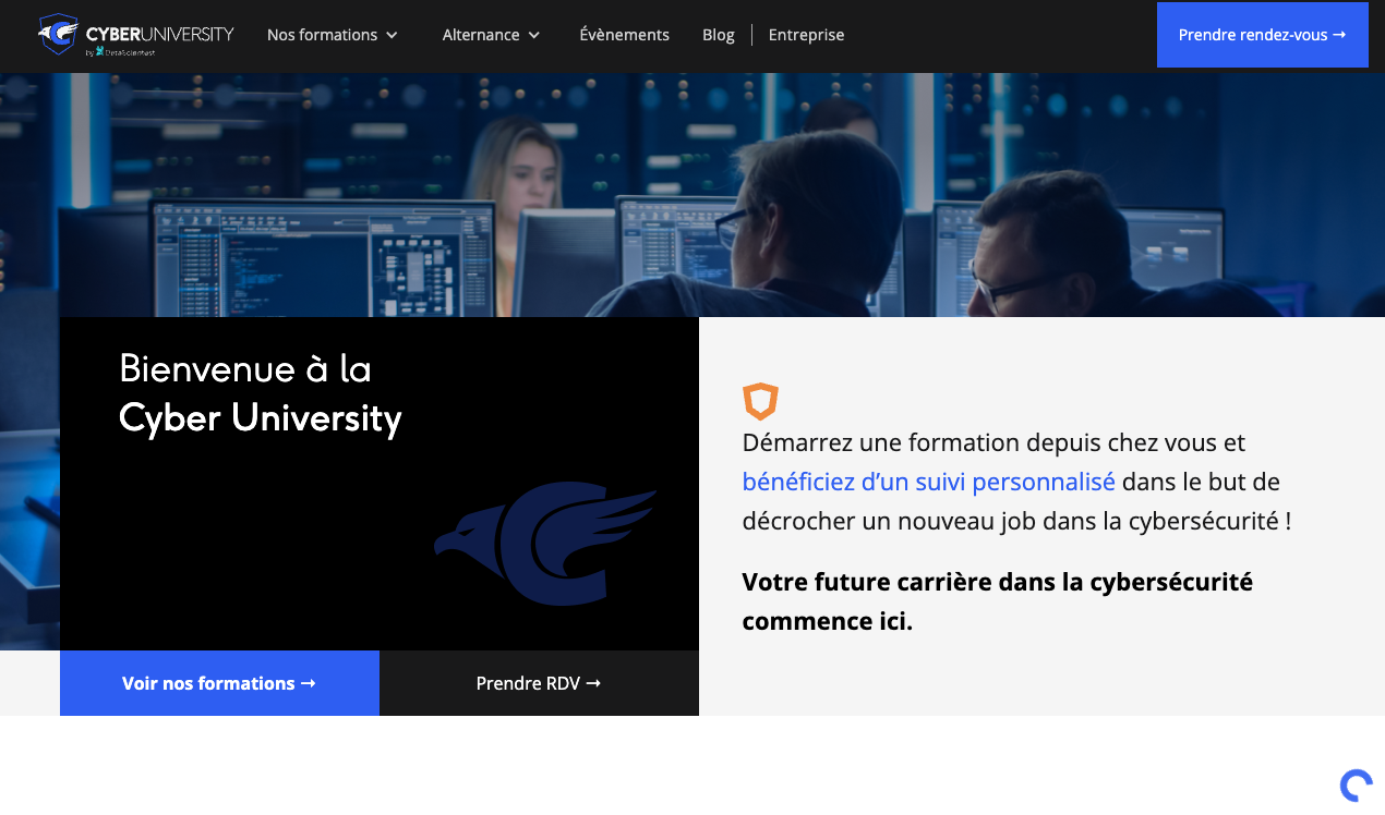 Page d'accueil de Cyber University, organisme de formation en cybersécurité à distance