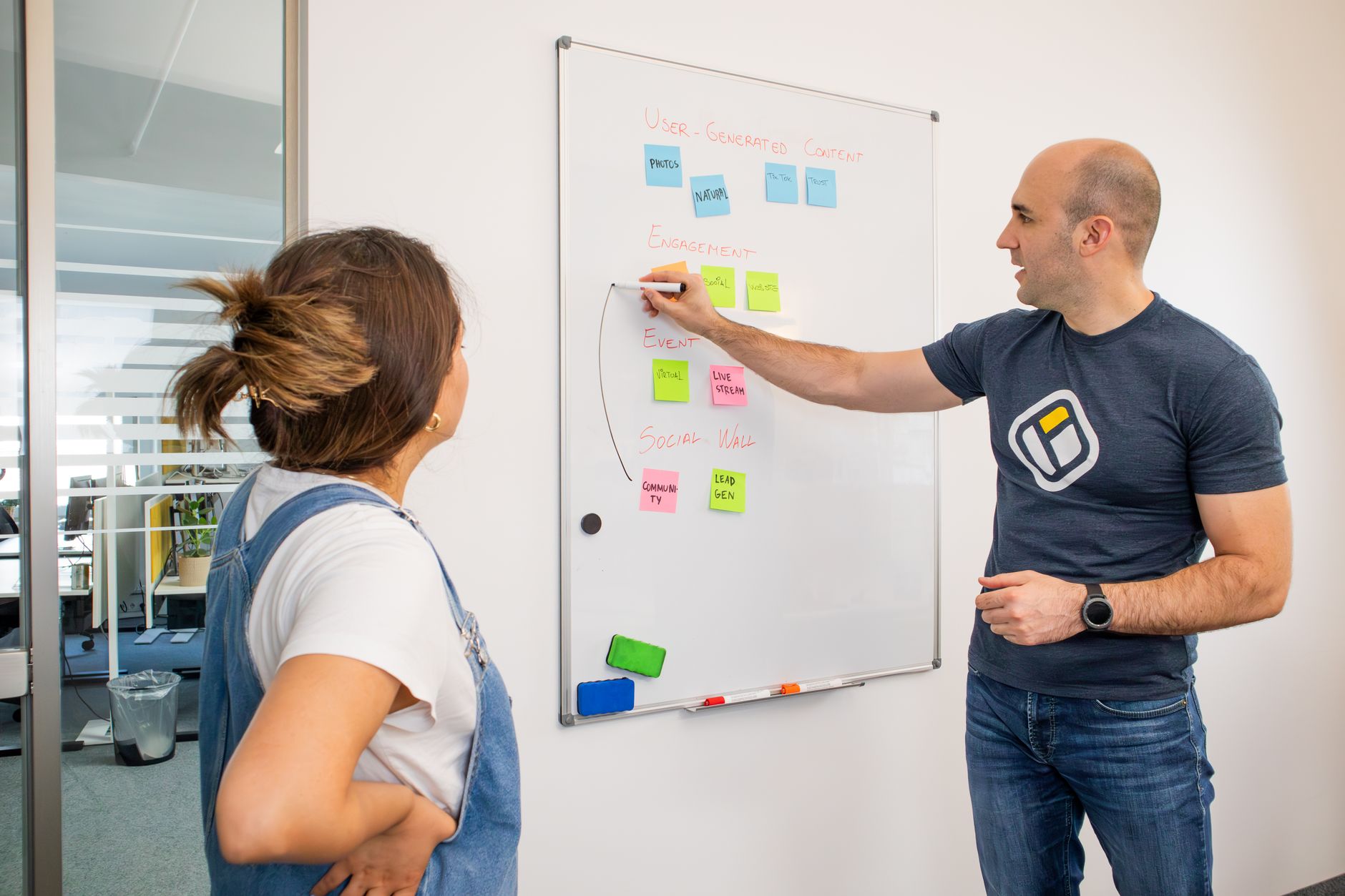 Équipe qui planifie un projet devant un tableau blanc