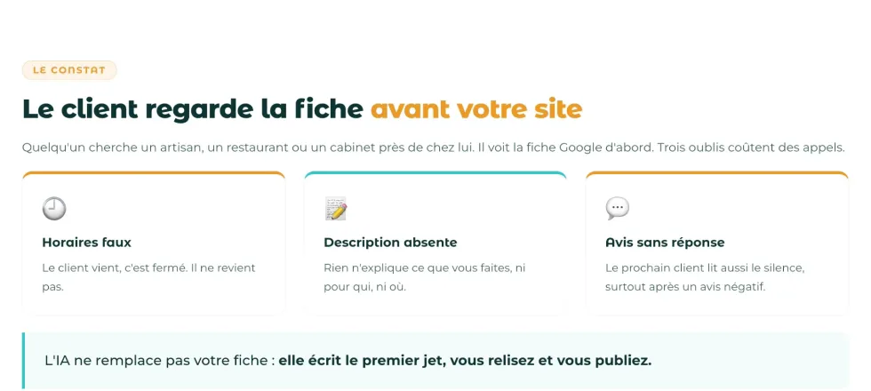 Capture du webinaire : le client regarde la fiche Google avant votre site, avec trois oublis qui coûtent des appels : horaires faux, description absente, avis sans réponse