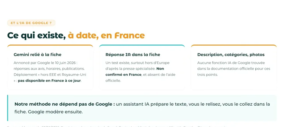 Capture du webinaire : ce qui existe à date en France côté IA de Google, Gemini relié à la fiche n'étant pas disponible