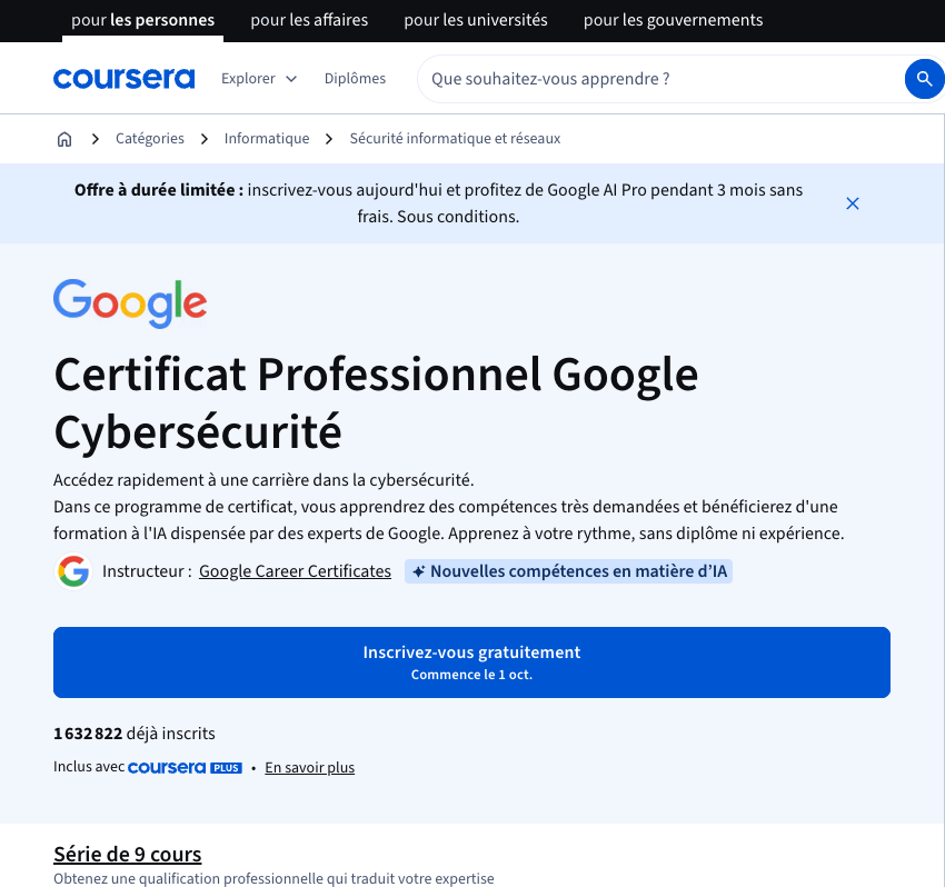 Page du Certificat Professionnel Google Cybersécurité sur Coursera, série de 9 cours