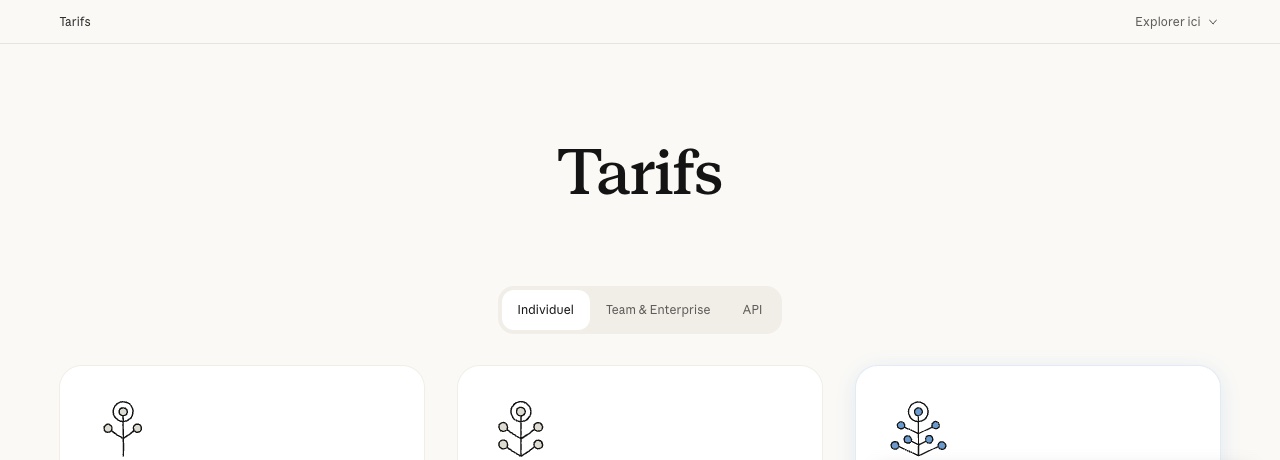 Page tarifs de Claude : formules Free, Pro et Max