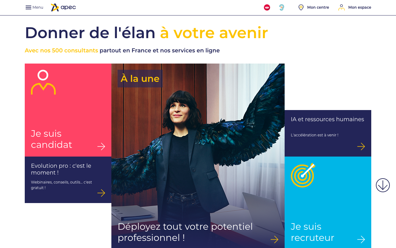 Page d'accueil de l'Apec avec ses webinaires, conseils et outils pour l'évolution professionnelle