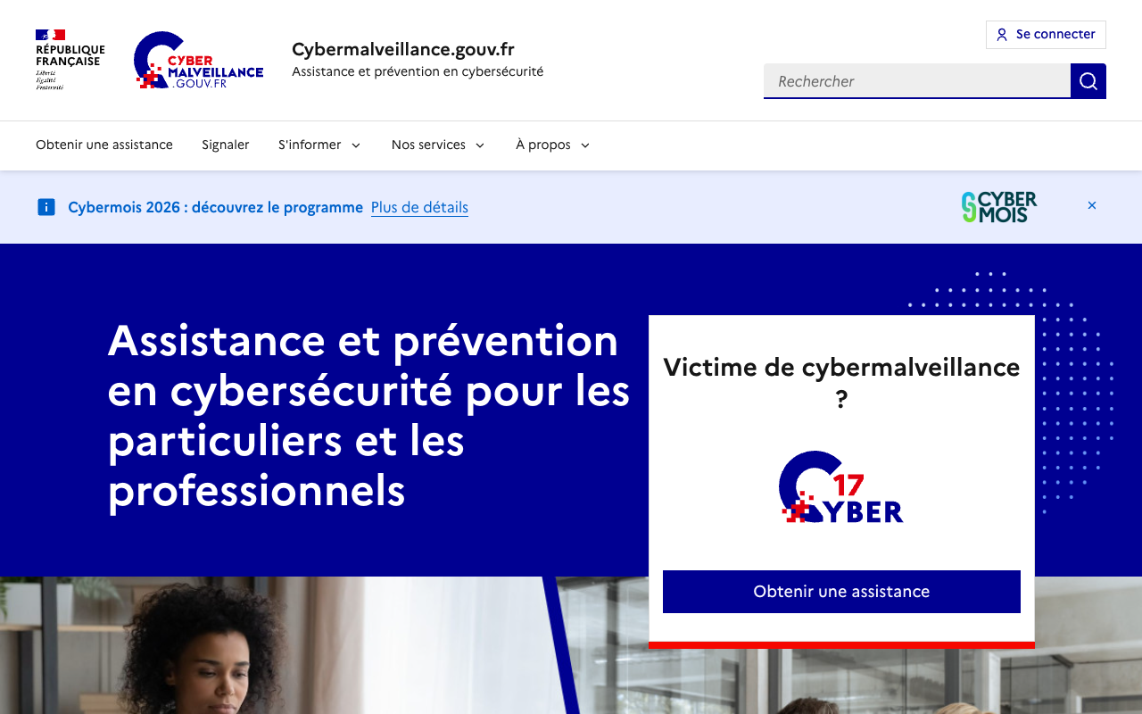 Page d'accueil de Cybermalveillance.gouv.fr, dispositif public d'assistance et de prévention en cybersécurité