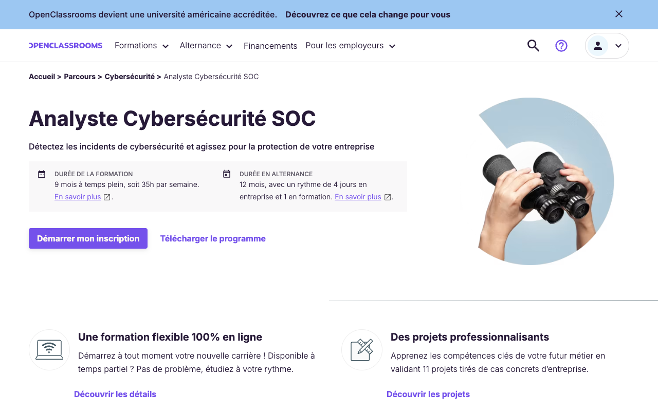 Page du parcours Analyste Cybersécurité SOC sur OpenClassrooms