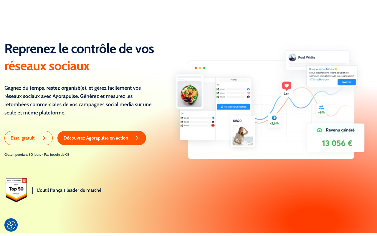 Page d'accueil d'Agorapulse, outil français de gestion des réseaux sociaux