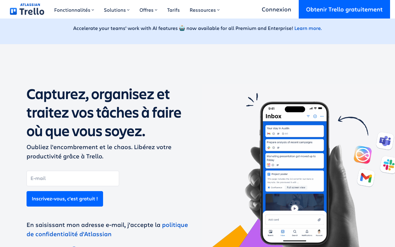 Page d'accueil de Trello, tableaux de tâches pour planifier les contenus