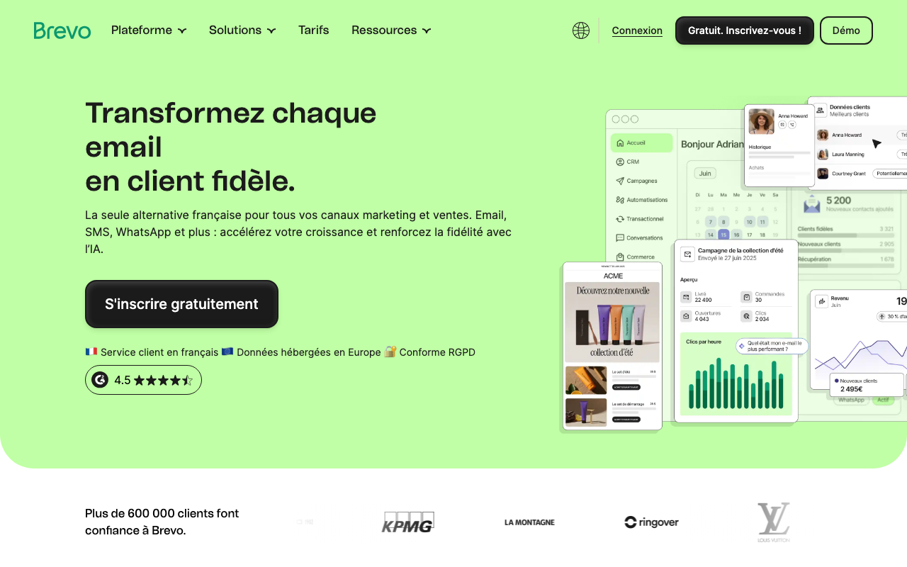 Page d’accueil de Brevo, plateforme d’emailing proposant une inscription gratuite