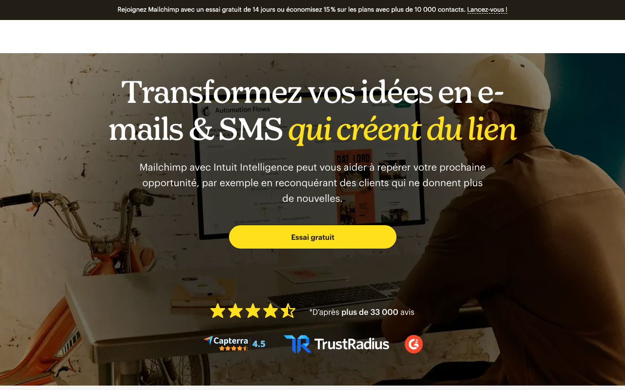 Page d’accueil de Mailchimp, avec un essai gratuit de 14 jours