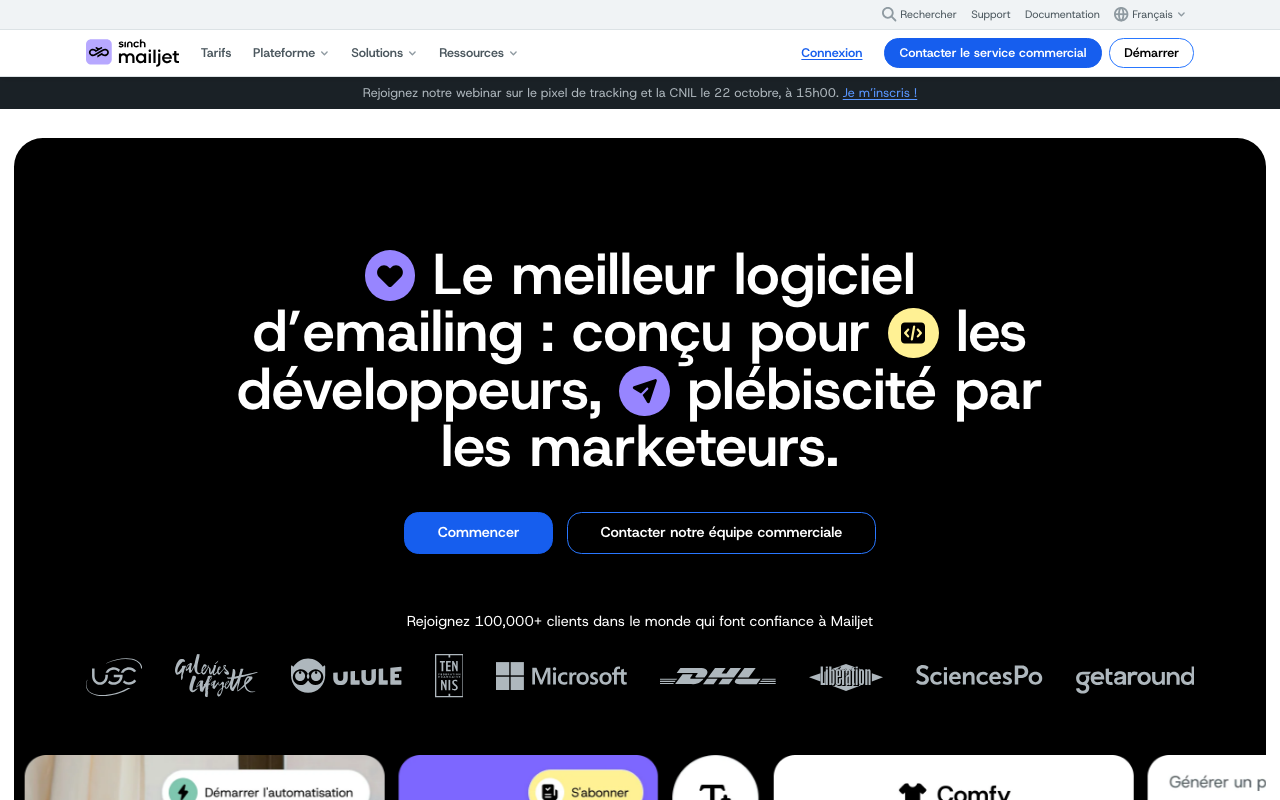 Page d’accueil de Mailjet, logiciel d’emailing pour développeurs et marketeurs