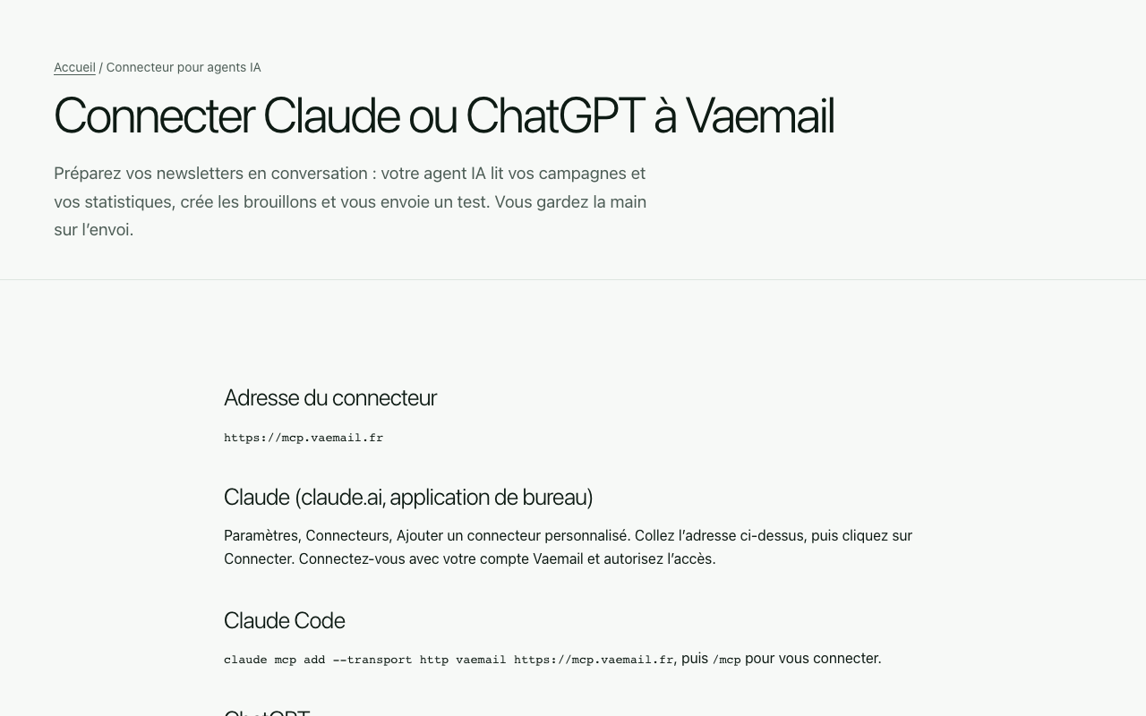 Page de VaEmail expliquant comment connecter Claude ou ChatGPT pour préparer ses newsletters en conversation