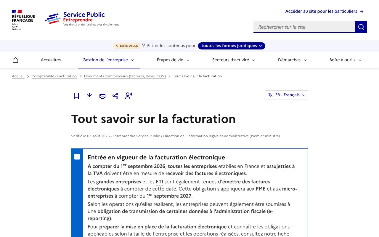 Page Service-Public Entreprendre sur l'entrée en vigueur de la facturation électronique