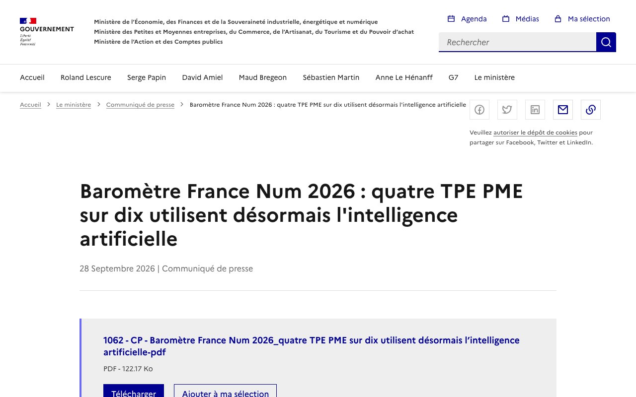 Communiqué du baromètre France Num 2026 sur l'usage de l'intelligence artificielle dans les TPE et PME