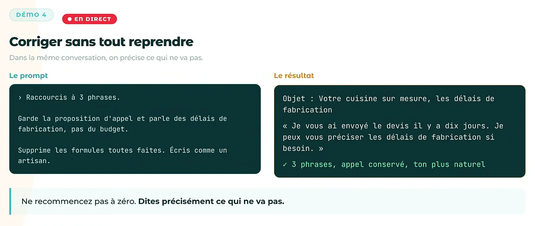 Diapositive du webinaire : démonstration 4, corriger sans tout reprendre, avec la consigne de correction en trois phrases et le résultat obtenu