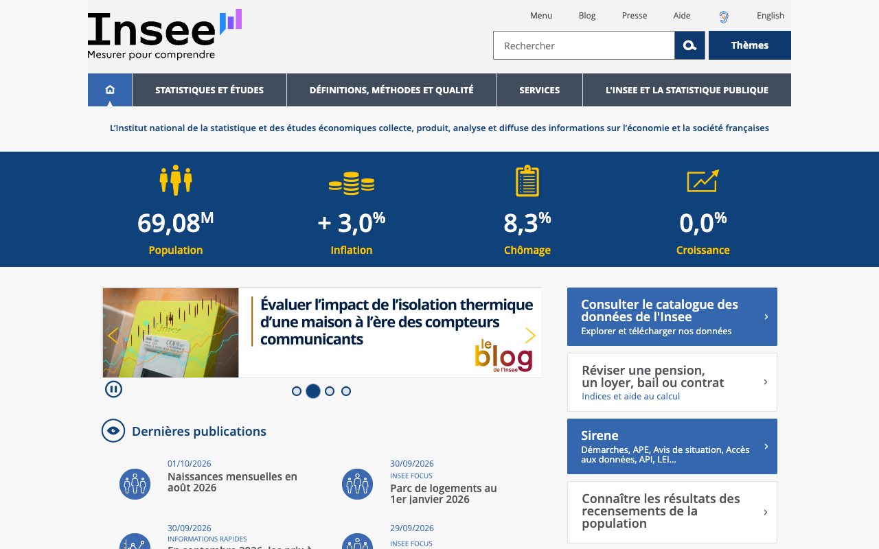 Page d'accueil de l'Insee, source des statistiques officielles sur l'emploi