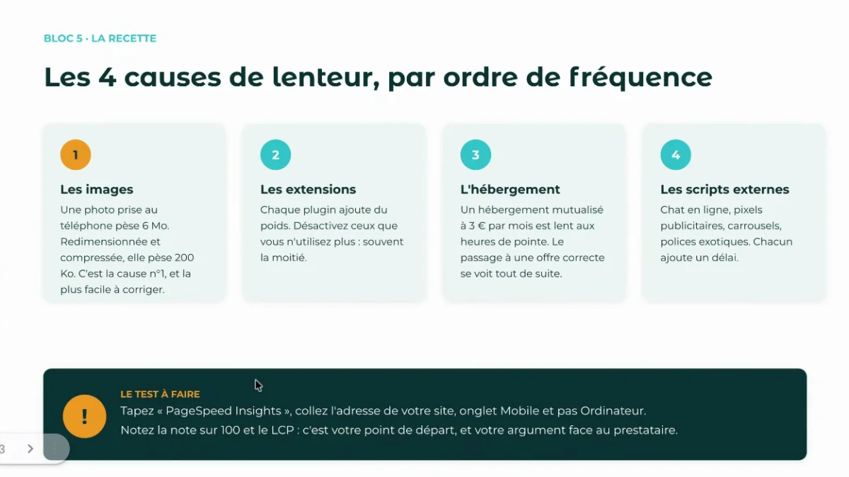 Capture du webinaire en direct : les quatre causes de lenteur d'un site, images, extensions, hébergement et scripts externes