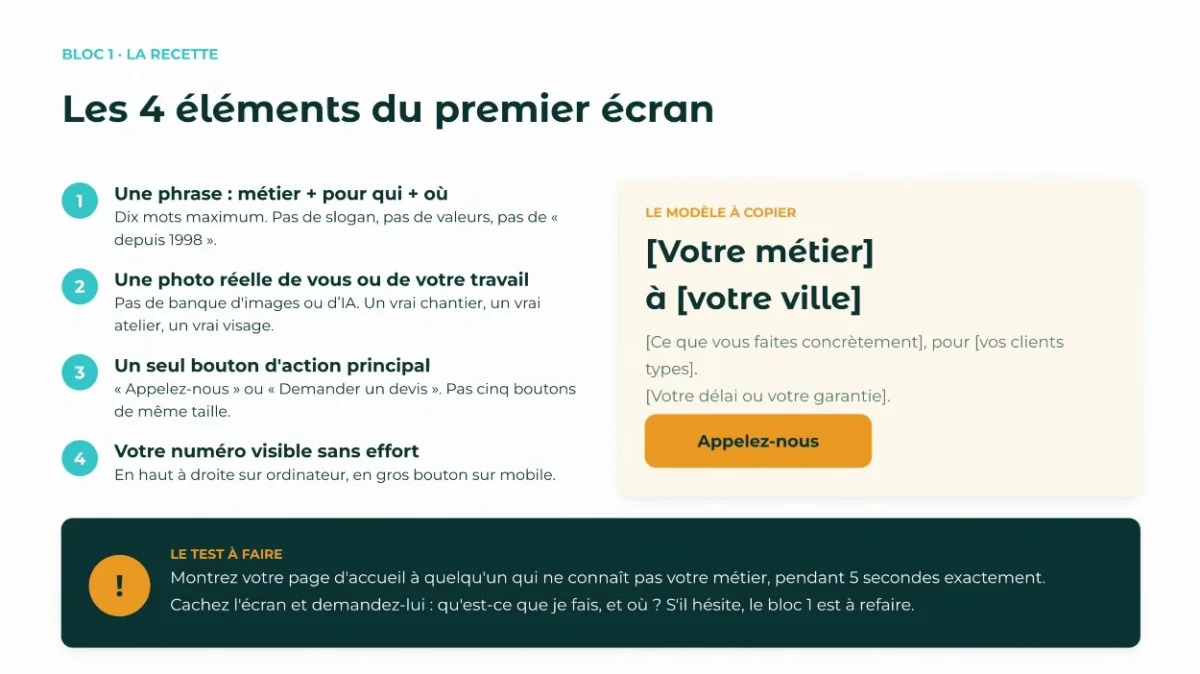Capture du webinaire en direct : les quatre éléments du premier écran d'une page d'accueil et le modèle de phrase à copier