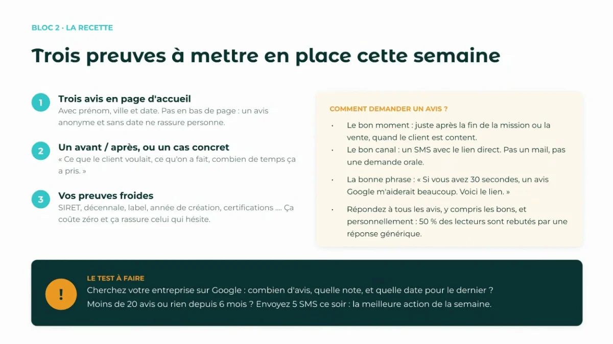 Capture du webinaire en direct : trois preuves à placer sur la page d'accueil et comment demander un avis par SMS