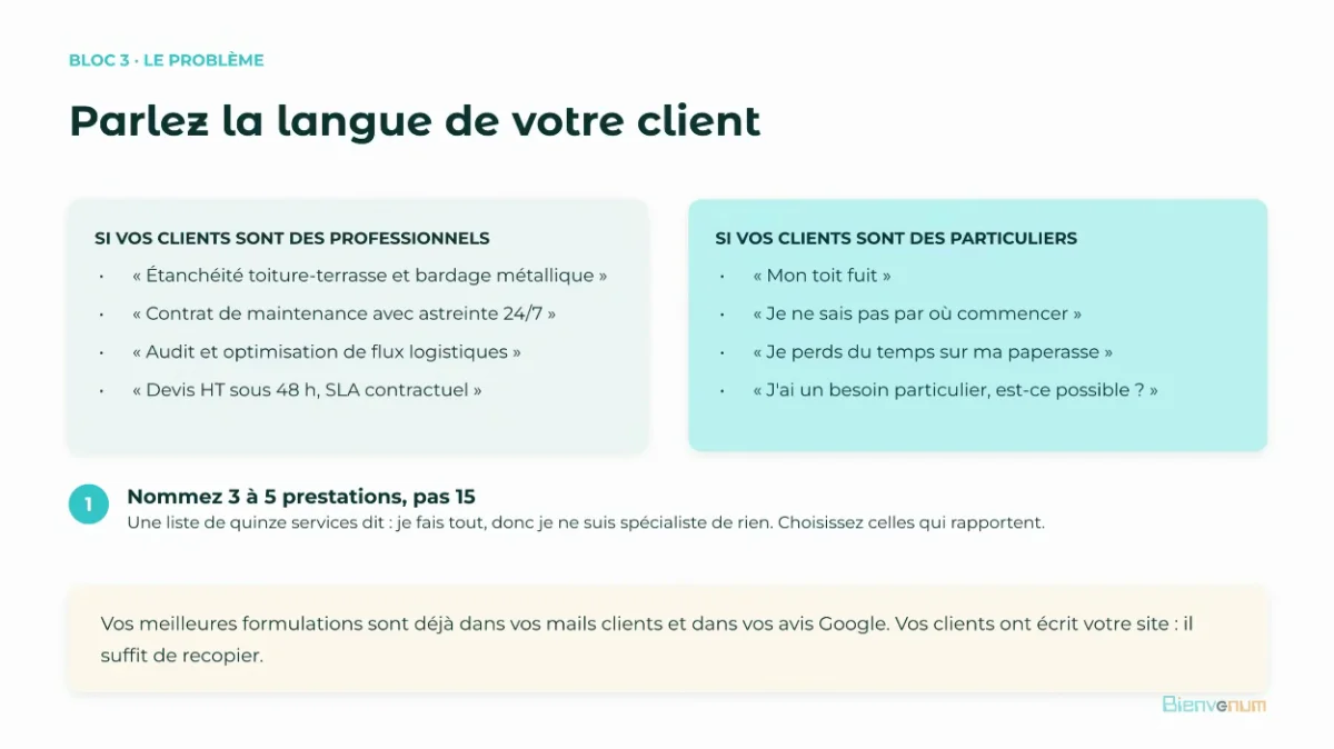 Capture du webinaire : parler la langue du client, exemples de formulations de professionnels et de particuliers
