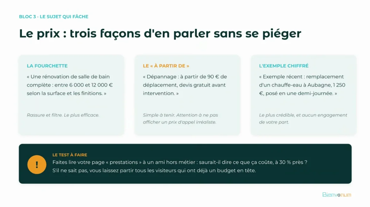 Capture du webinaire en direct : trois façons de parler de prix, fourchette, à partir de et exemple chiffré