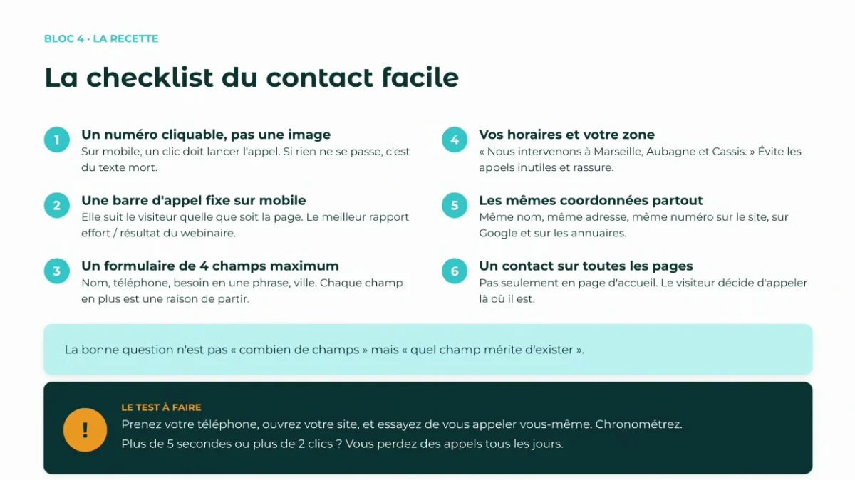 Capture du webinaire en direct : la checklist du contact facile, numéro cliquable, barre d'appel et formulaire court