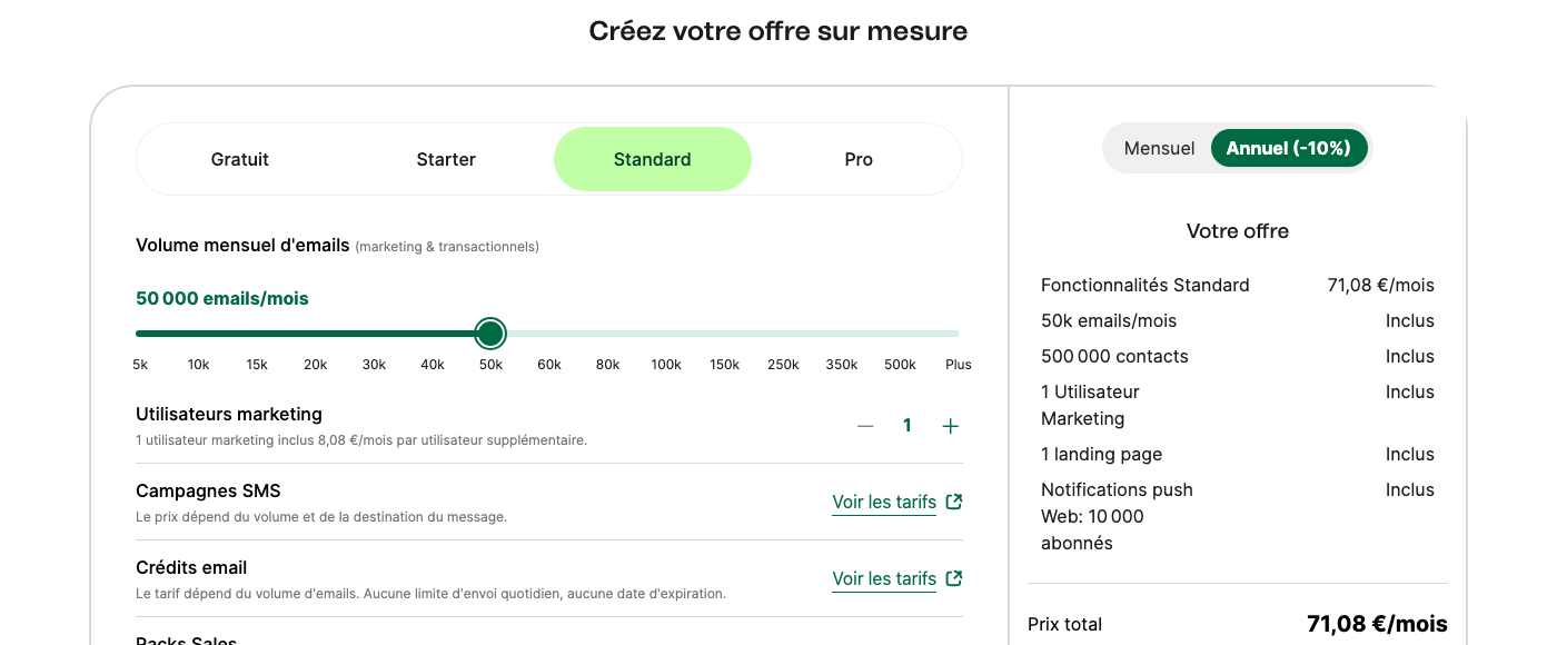 Page de tarifs Brevo, forfait Standard, curseur de volume réglé sur 50 000 e-mails par mois : 79 € par mois en facturation mensuelle