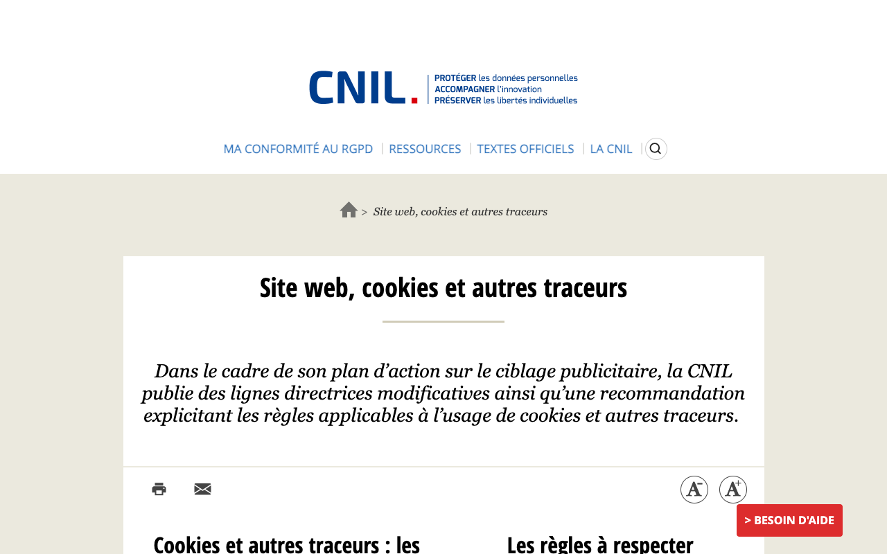 Page de la CNIL consacrée aux cookies et autres traceurs sur un site web