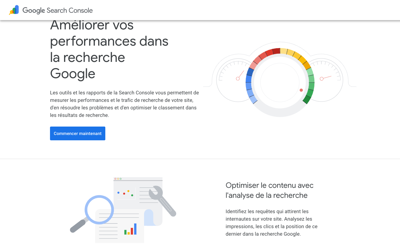 Page de présentation de Google Search Console, l'outil gratuit de suivi des clics et des impressions