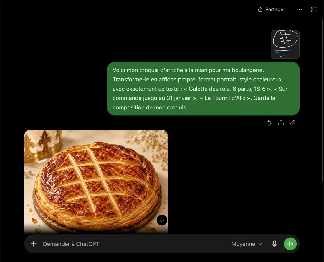 Capture d'écran de ChatGPT Images : le croquis dessiné à la main et l'affiche de galette des rois générée à partir de ce croquis