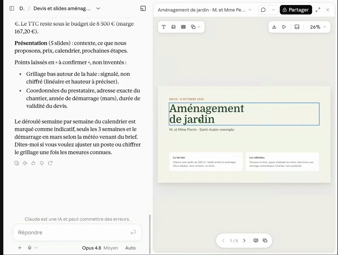 Capture d'écran de Claude : la présentation de cinq diapositives générée avec le devis, et le message signalant les points laissés à confirmer