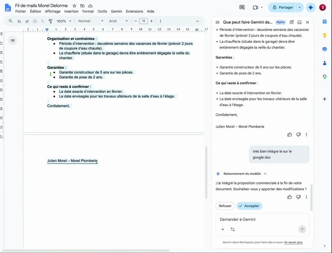 Capture d'écran de Gemini dans Google Docs : la proposition commerciale intégrée en fin de document, avec les boutons Accepter et Refuser