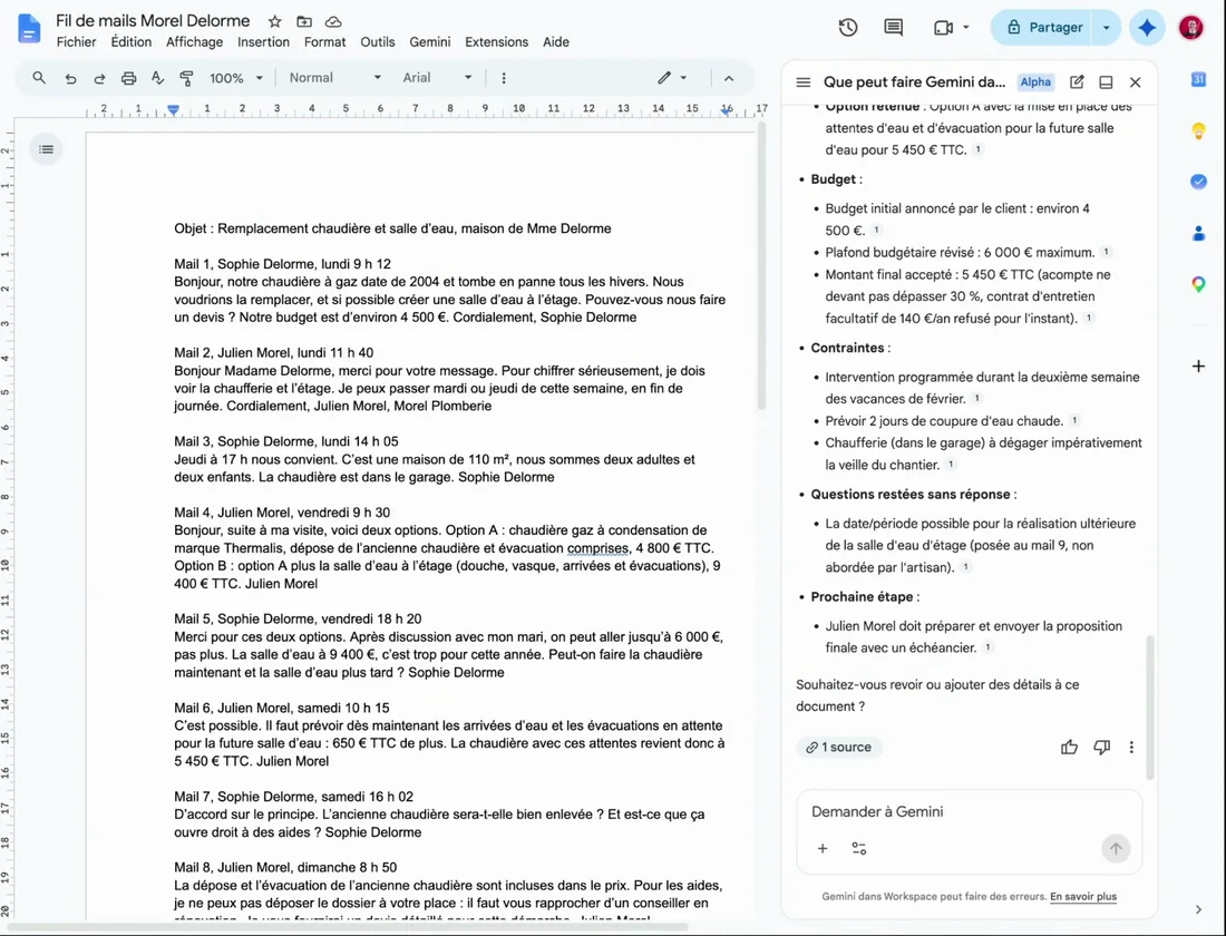 Capture d'écran de Gemini dans Google Docs : résumé structuré d'un fil de mails entre un plombier et sa cliente, avec budget, contraintes et prochaine étape (veille IA)
